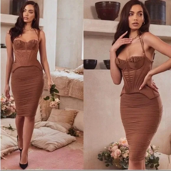 House of CB | Dresses | Nwot House Of Cb Talya Toffee Brown Corset Midi  Dress Sz Xs | Poshmark
